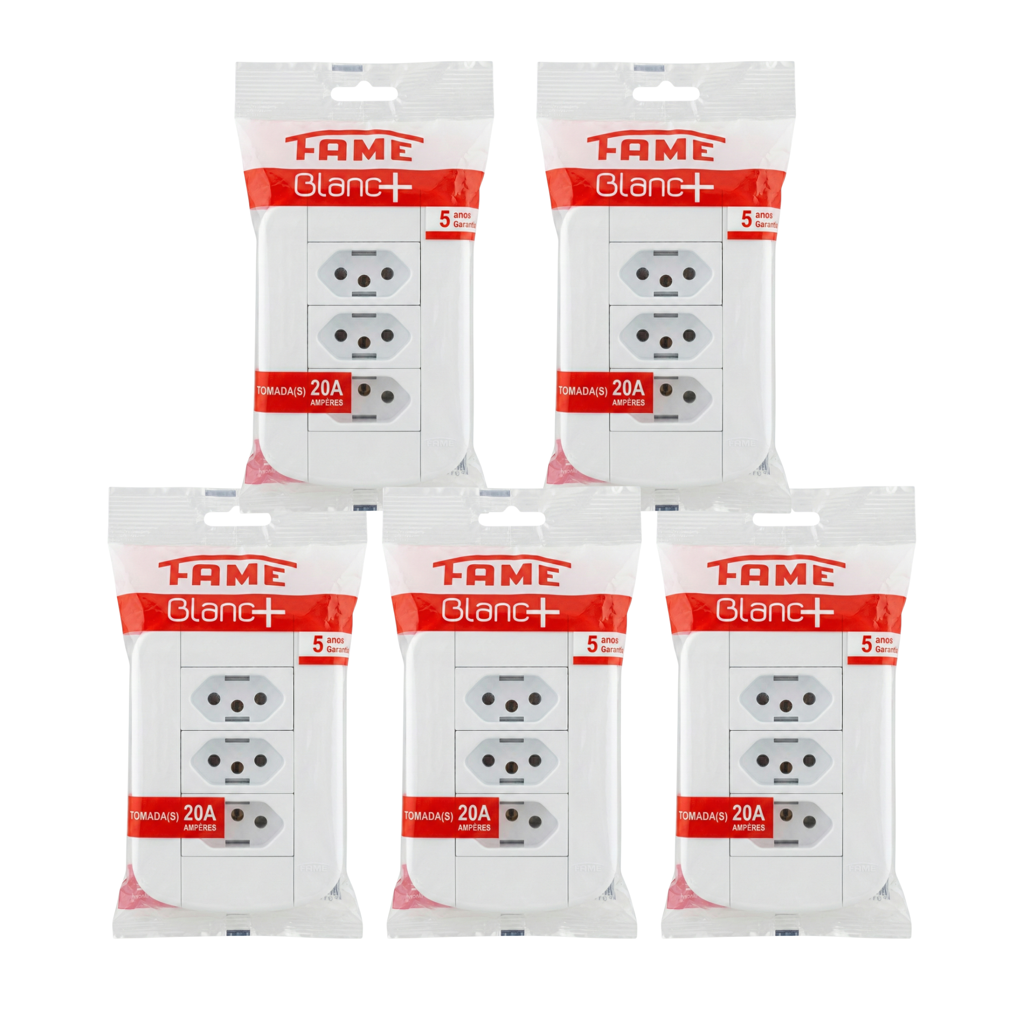 Conjunto 2 Tomadas Dupla FAME Blanc+ 20A 250V 4x2 - Padrão 3 Pinos Grosso - Espelho Branco - Ref. 3920 (Cópia)