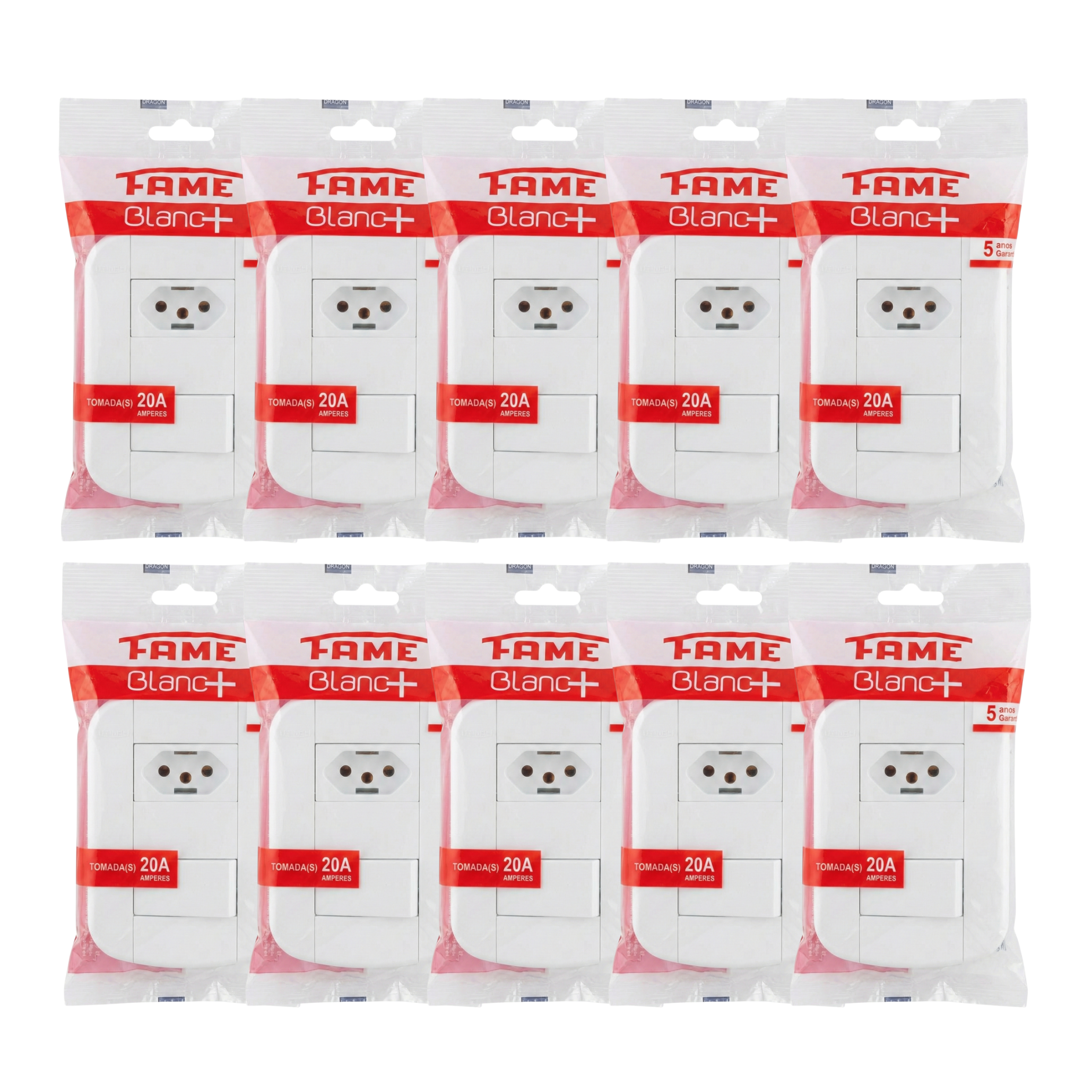 Conjunto 1 Interruptor Simples + 1 Tomada 20A FAME Blanc+ 4x2 - Placa Branca Completa