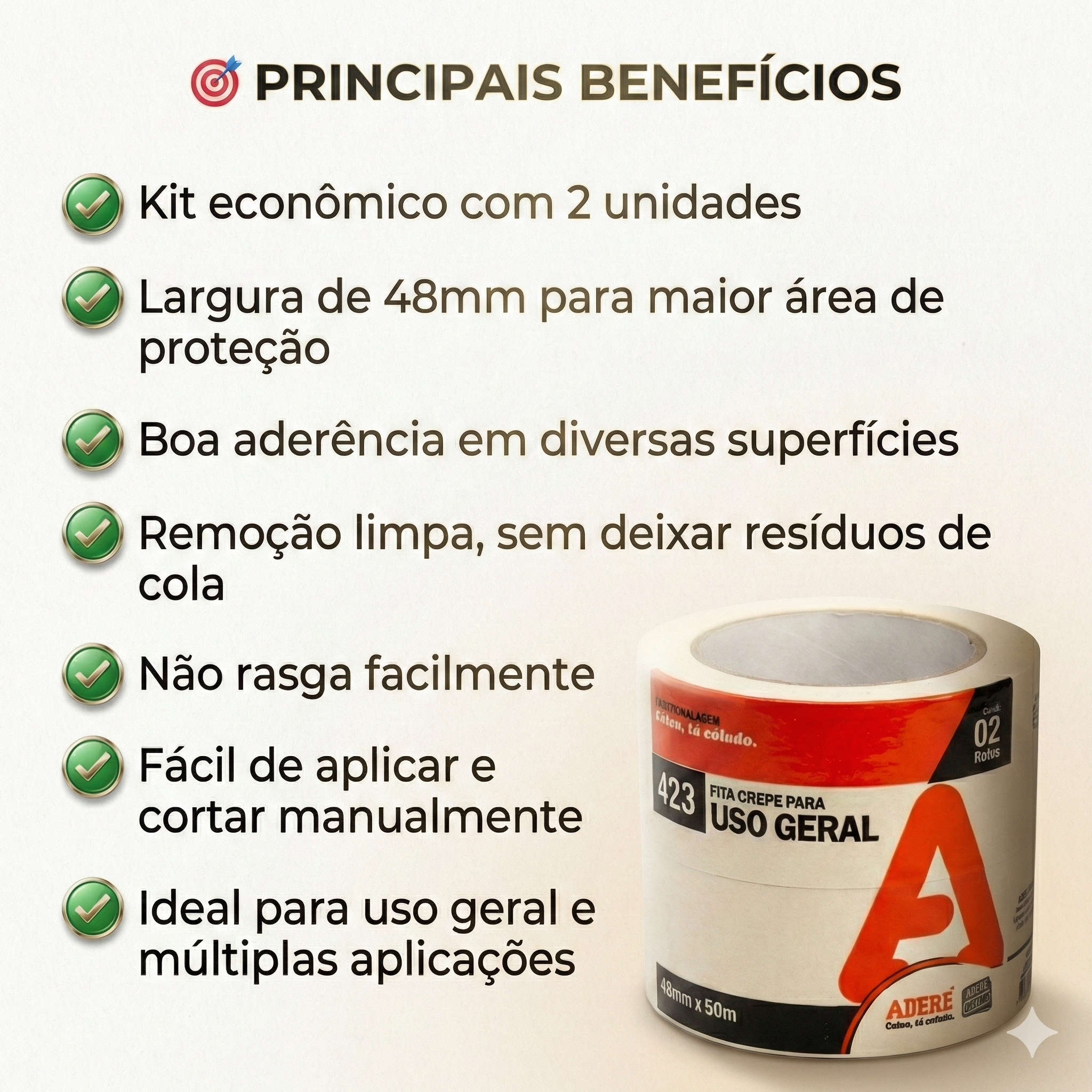 Kit 2 Fitas Crepe 48mm x 50m Adere 423 - Uso Geral Multiuso Acabamento Profissional