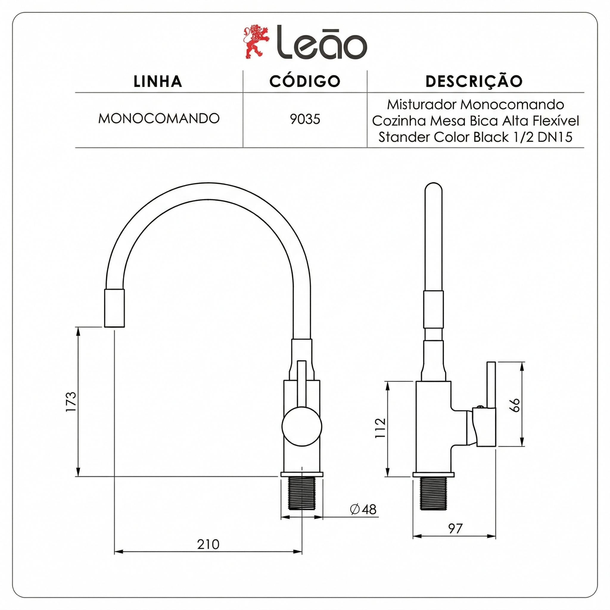 Misturador Monocomando de Mesa para Cozinha Leão Stander Color Black