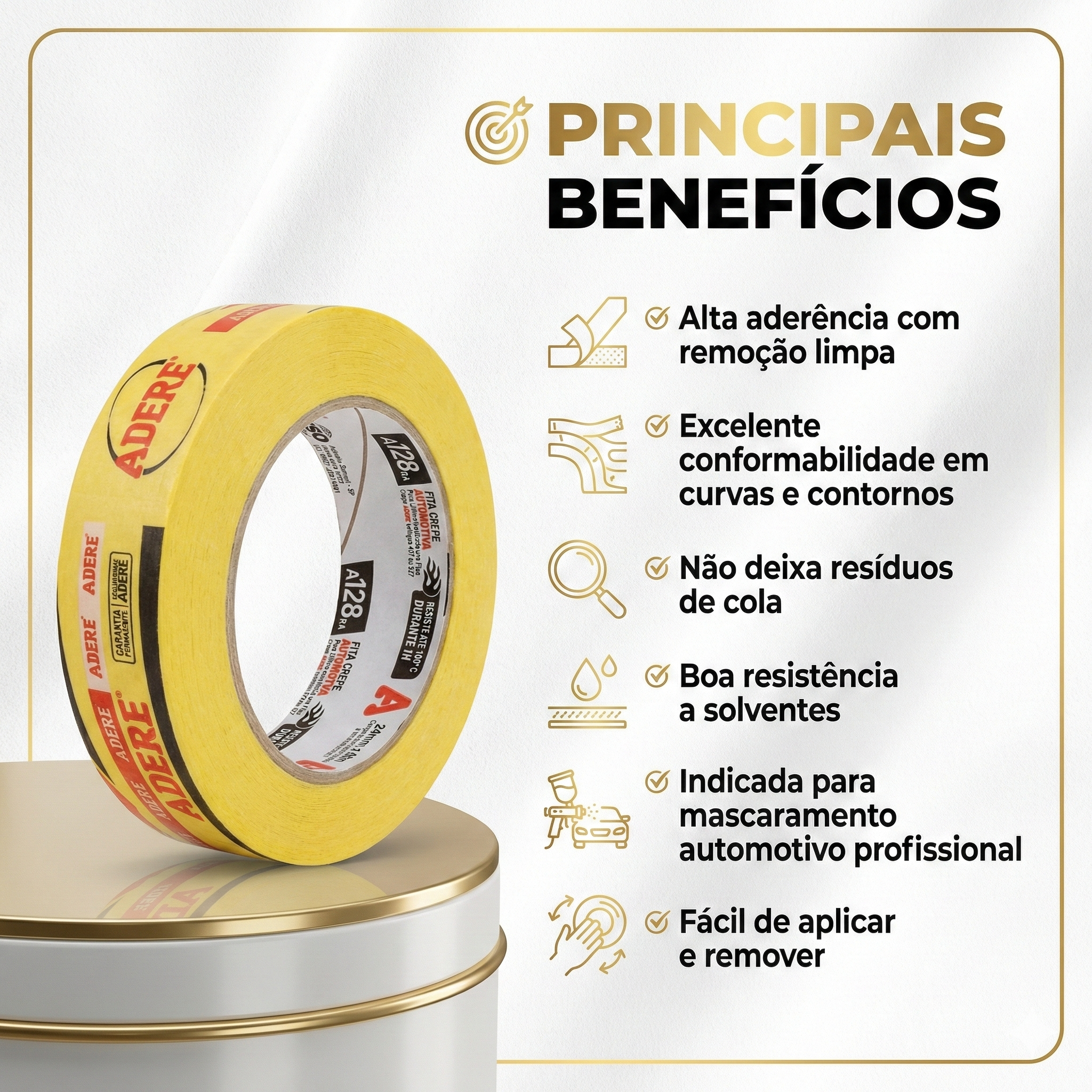 Kit 5 Unidades – Fita Crepe Adere Amarela 24mm x 40m Automotiva A128RA