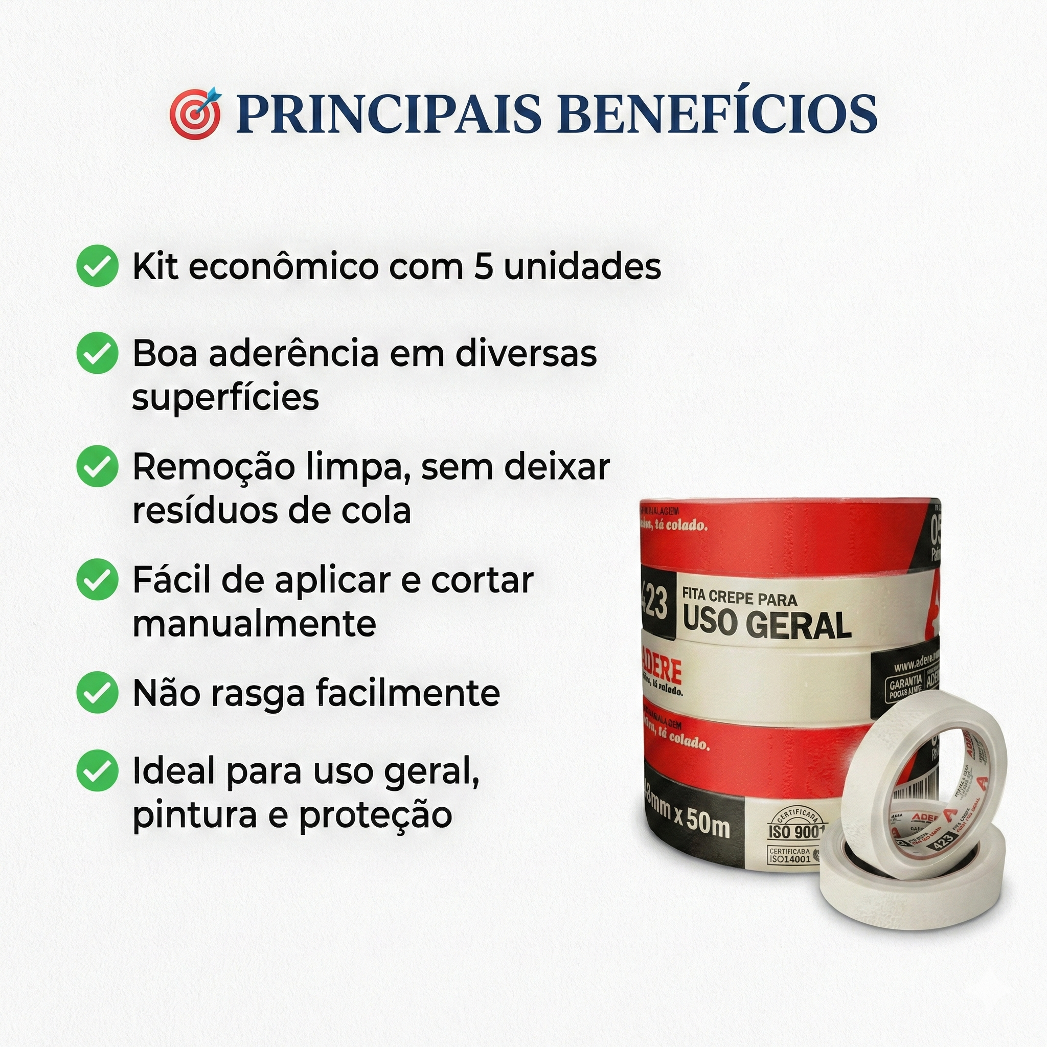 Kit 5 Fitas Crepe 24mm x 50m Adere 423 - Uso Geral Multiuso Econômico