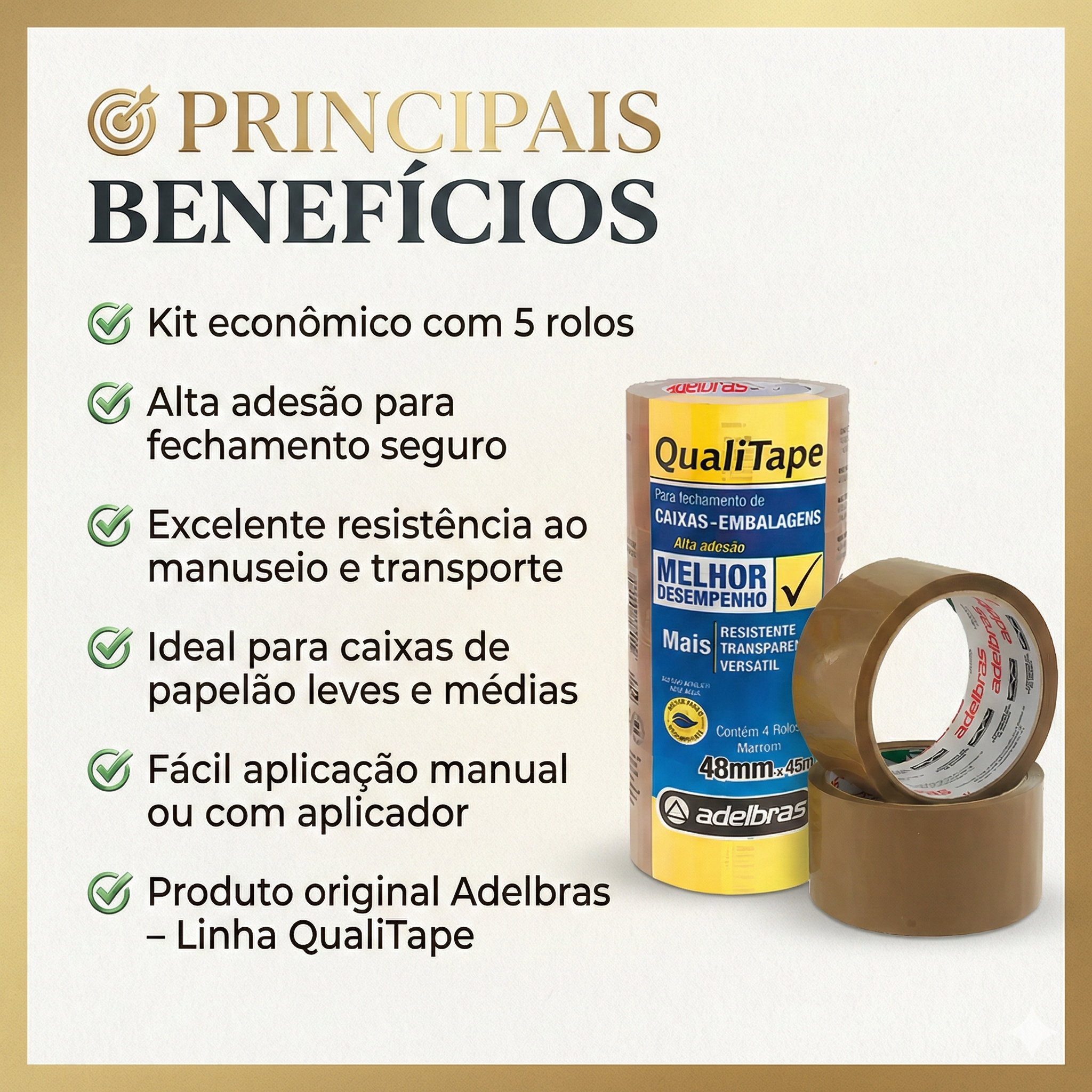 Kit 5 Rolos – Fita Marrom Adelbras QualiTape 48mm x 50m para Embalagens