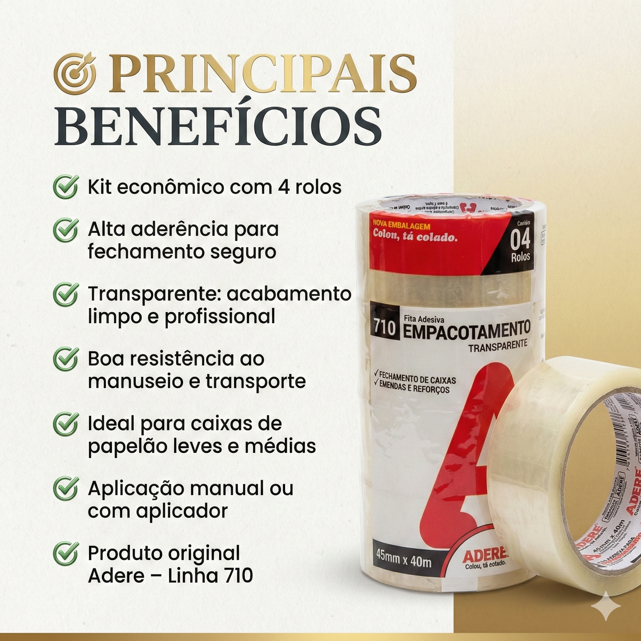 Kit 4 Rolos – Fita Transparente Adere 710 45mm x 50m para Empacotamento
