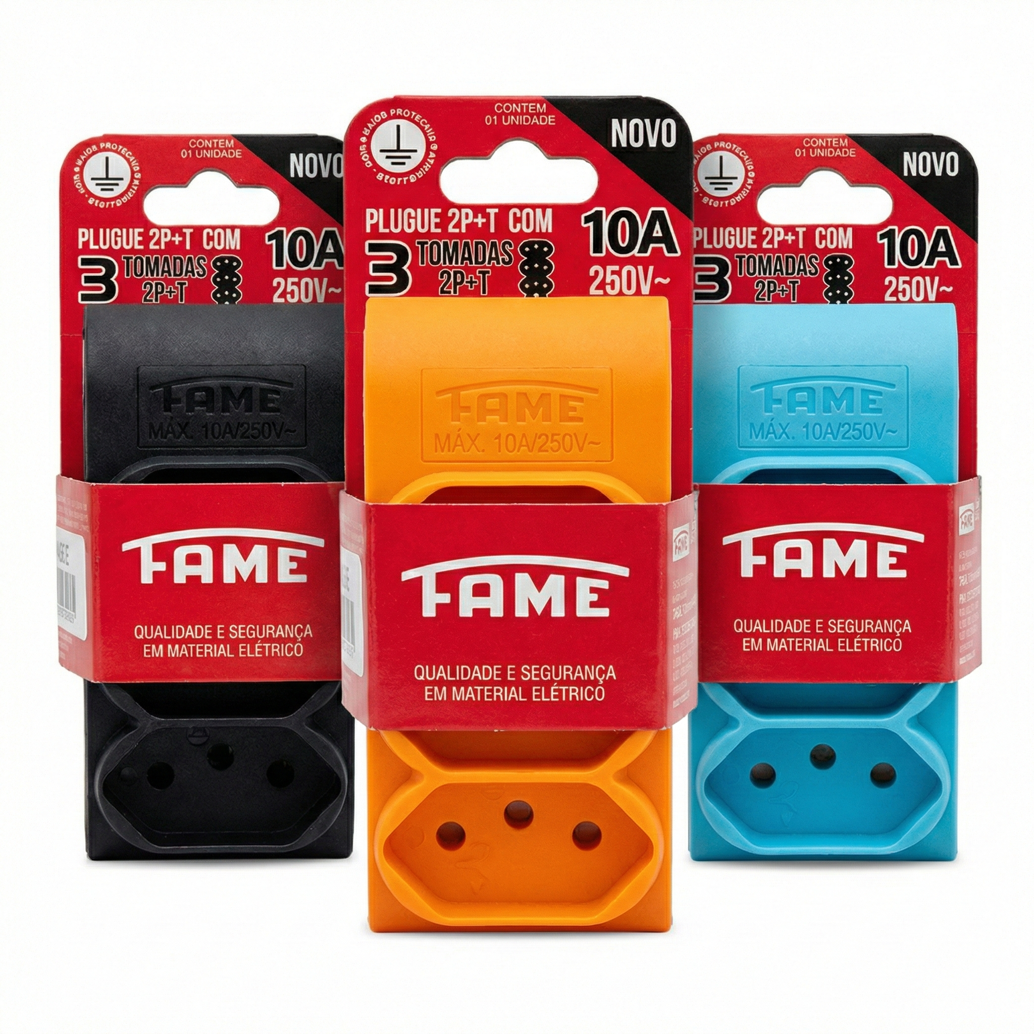 Adaptador Benjamin T 3 Saídas 10A FAME - Multiplicador de Tomadas 2P+T - Padrão 10A (Pino Fino) - Cores Sortidas