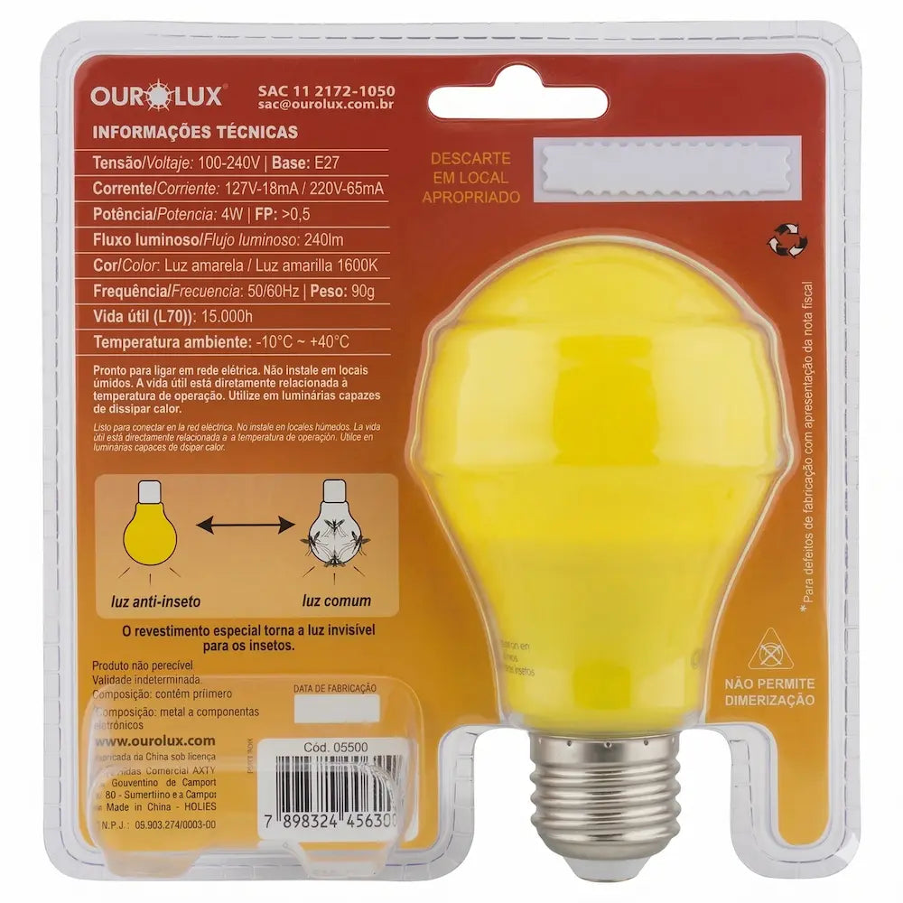Lâmpada LED Anti Inseto 4W E27 1600K Amarela Bivolt Ourolux