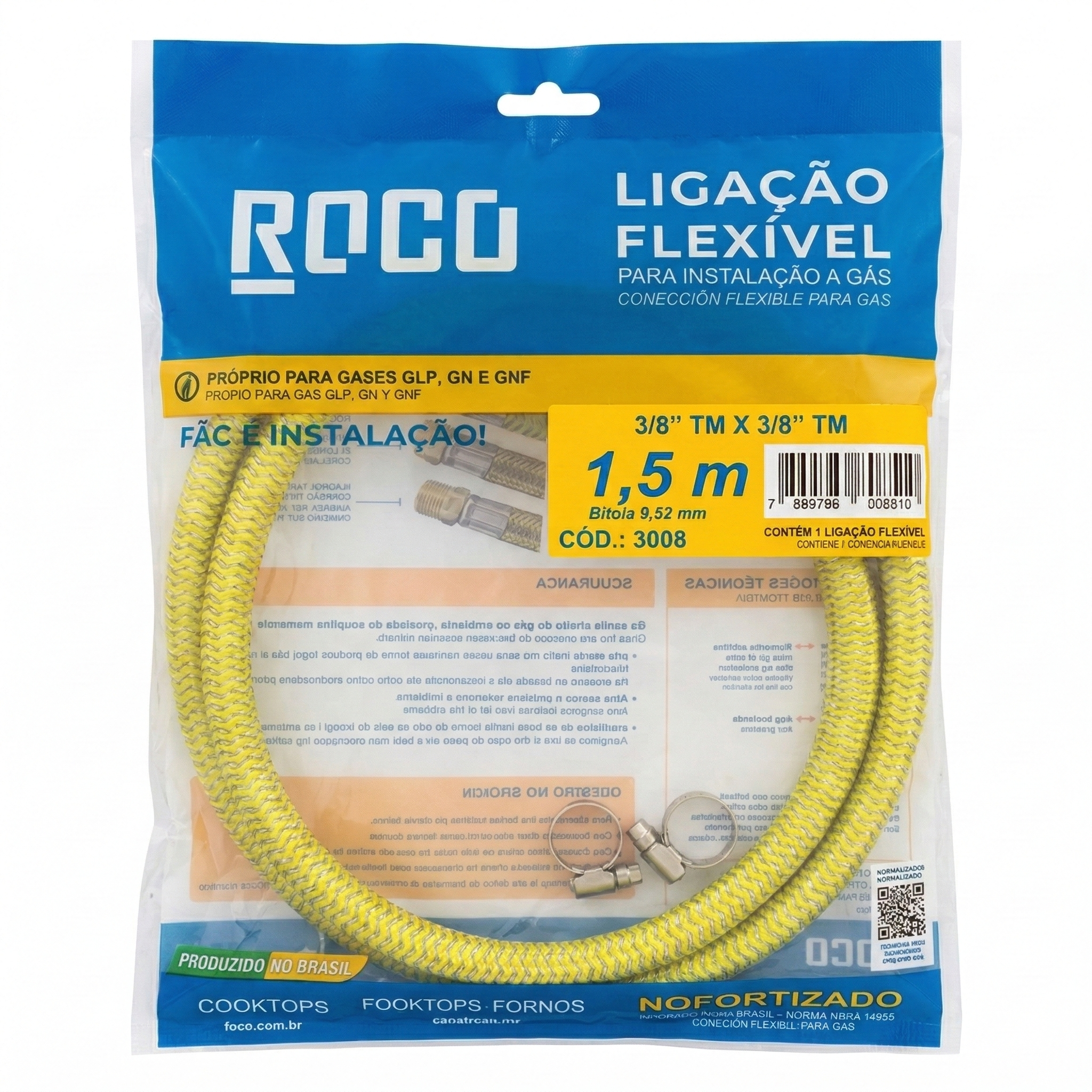 Ligação Flexível para Gás ROCO 1,5m - 3/8" Espigão x 3/8" Espigão (TM x TM) - Ref: 3008