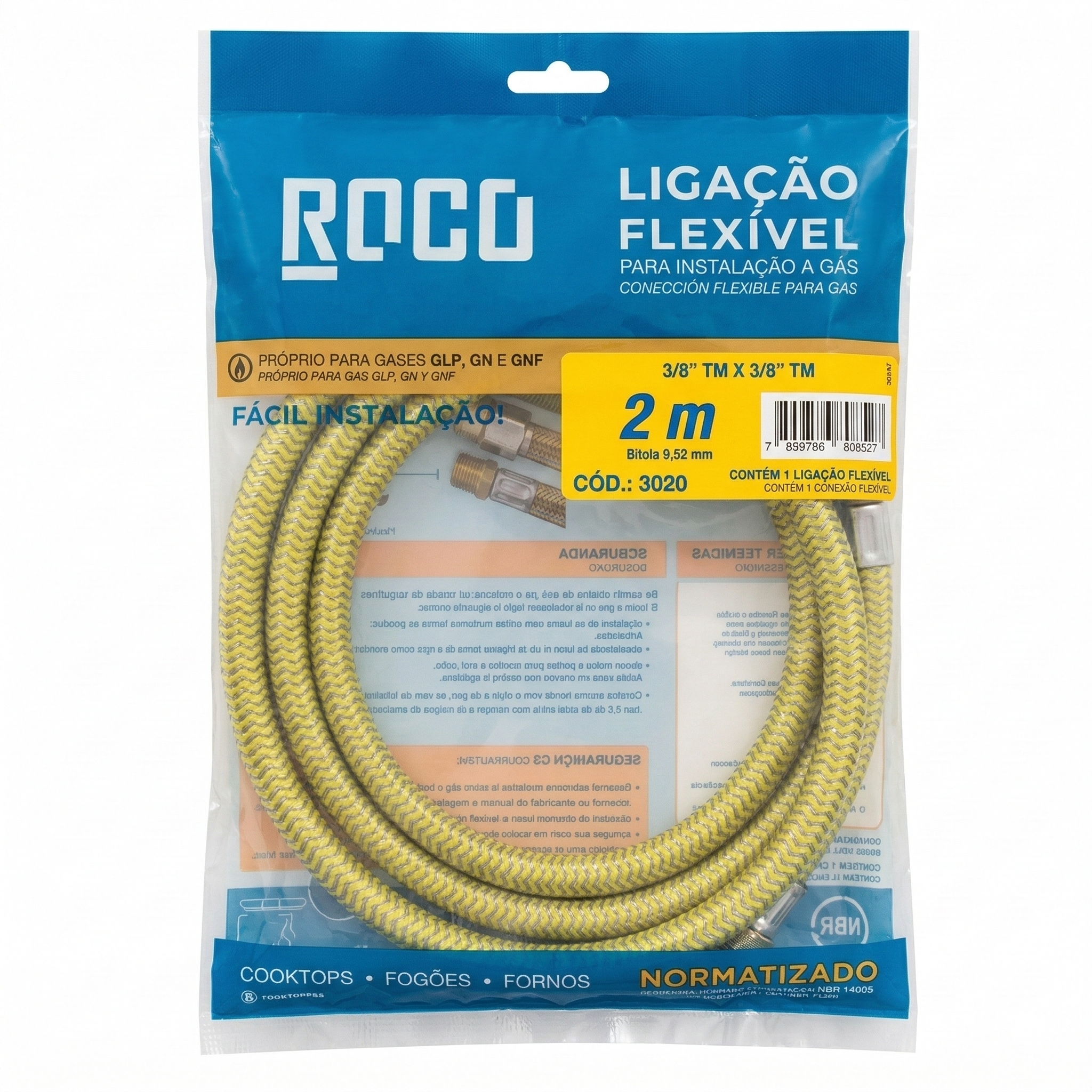 Ligação Flexível para Gás ROCO 2,0m - 3/8" Espigão x 3/8" Espigão (TM x TM) - Ref: 3020