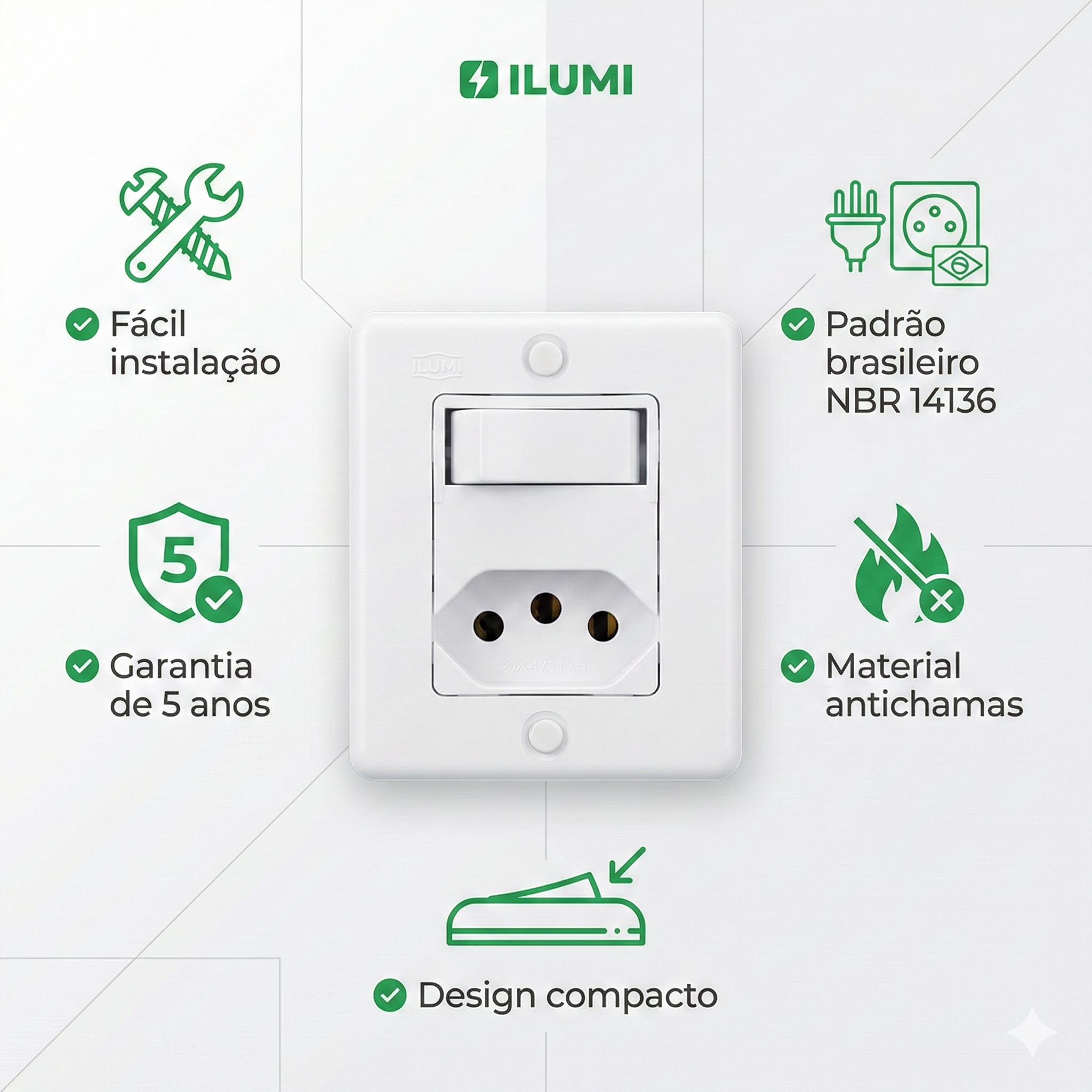 Conjunto Interruptor Simples + Tomada 20A de Sobrepor Ilumi Sistema X