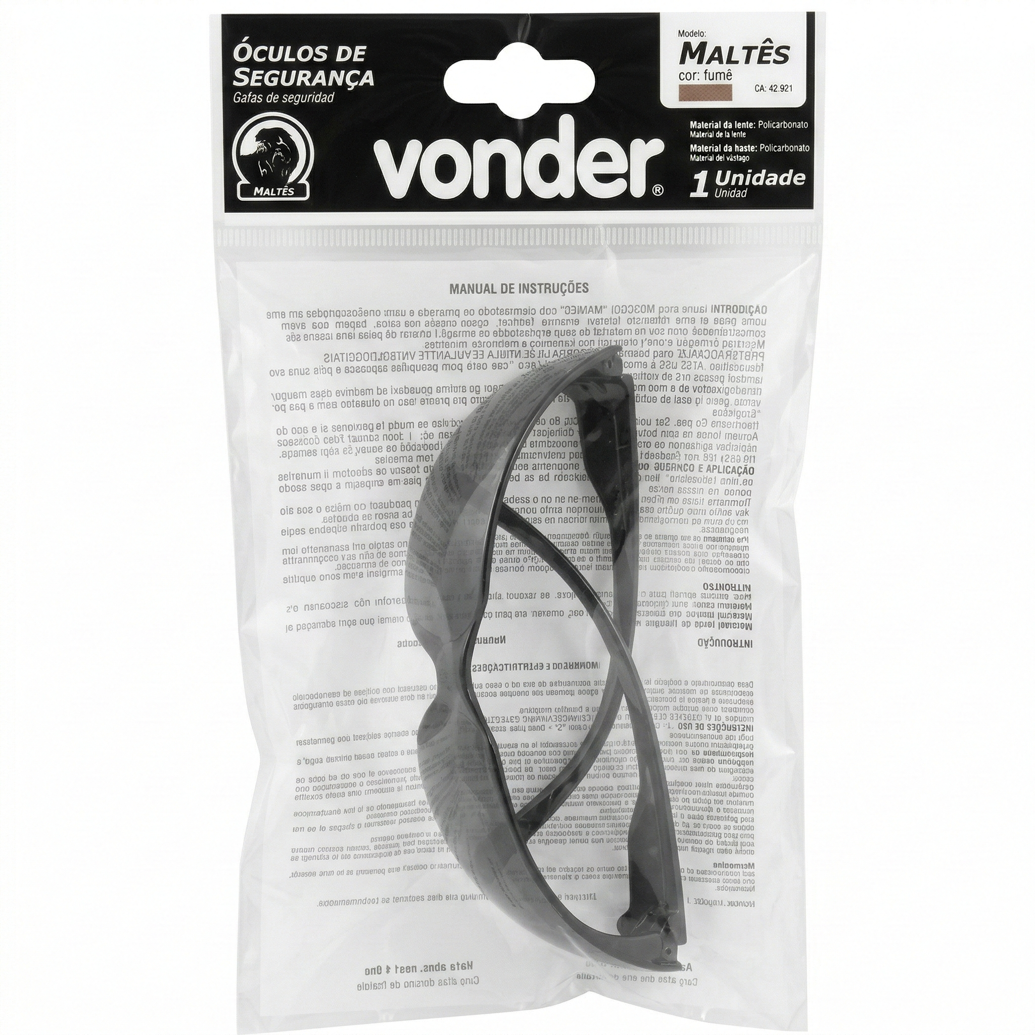 Óculos de Segurança Vonder Maltês Fumê em Policarbonato - C.A. 42.921 - Proteção UV e Impactos