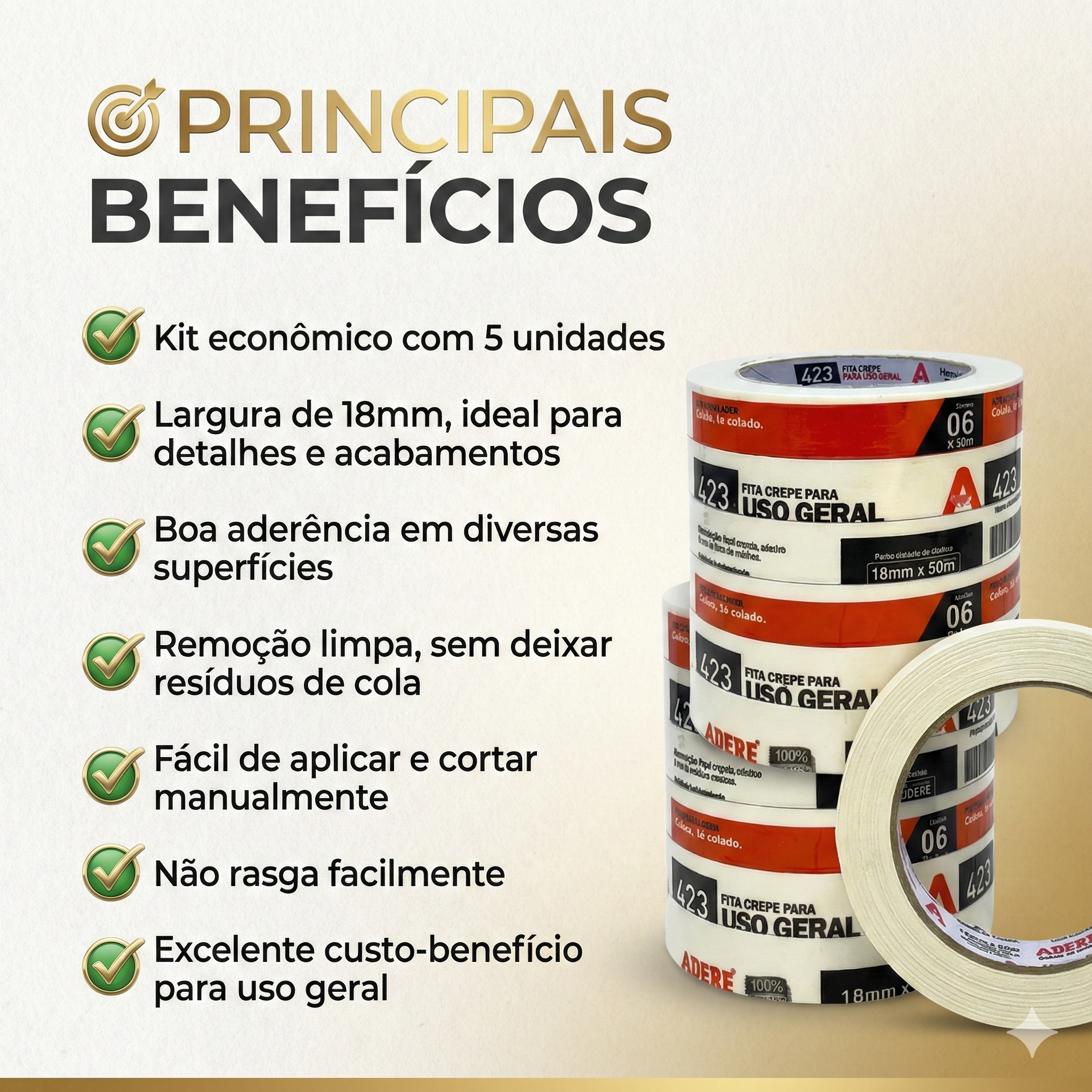 Kit 5 Unidades – Fita Crepe Adere 18mm x 50m Uso Geral 423