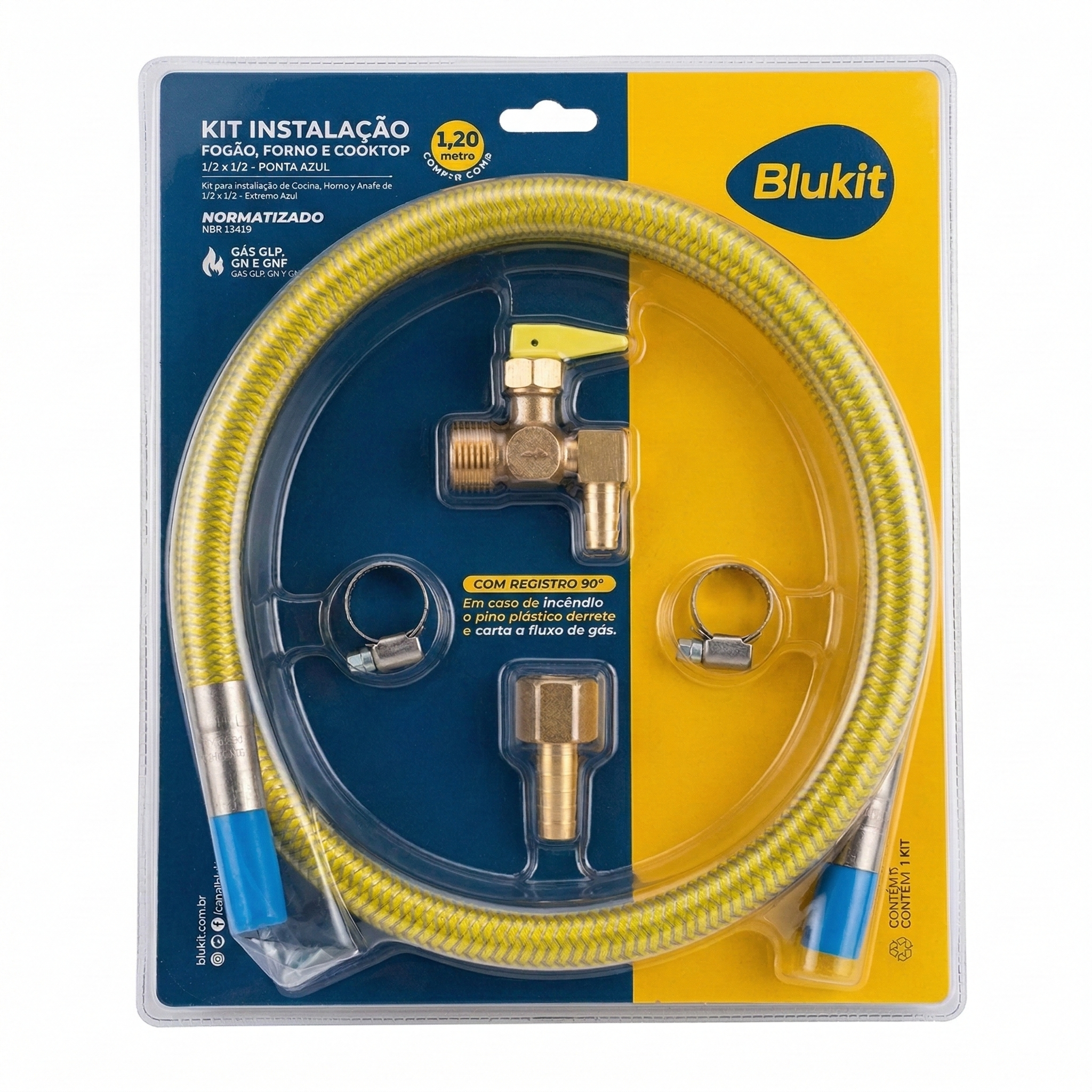 Kit de Instalação Blukit para Cooktop e Fogão 1,20m - Flexível Ponta Azul com Registro de Bloqueio Térmico