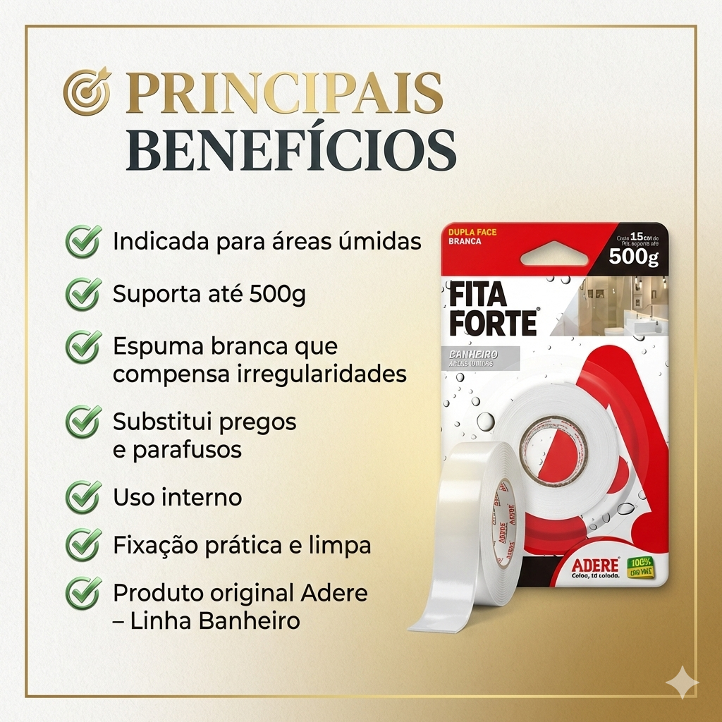 Fita Dupla Face Espuma Branca Adere para Banheiro 24mm x 1,5m – Até 500g