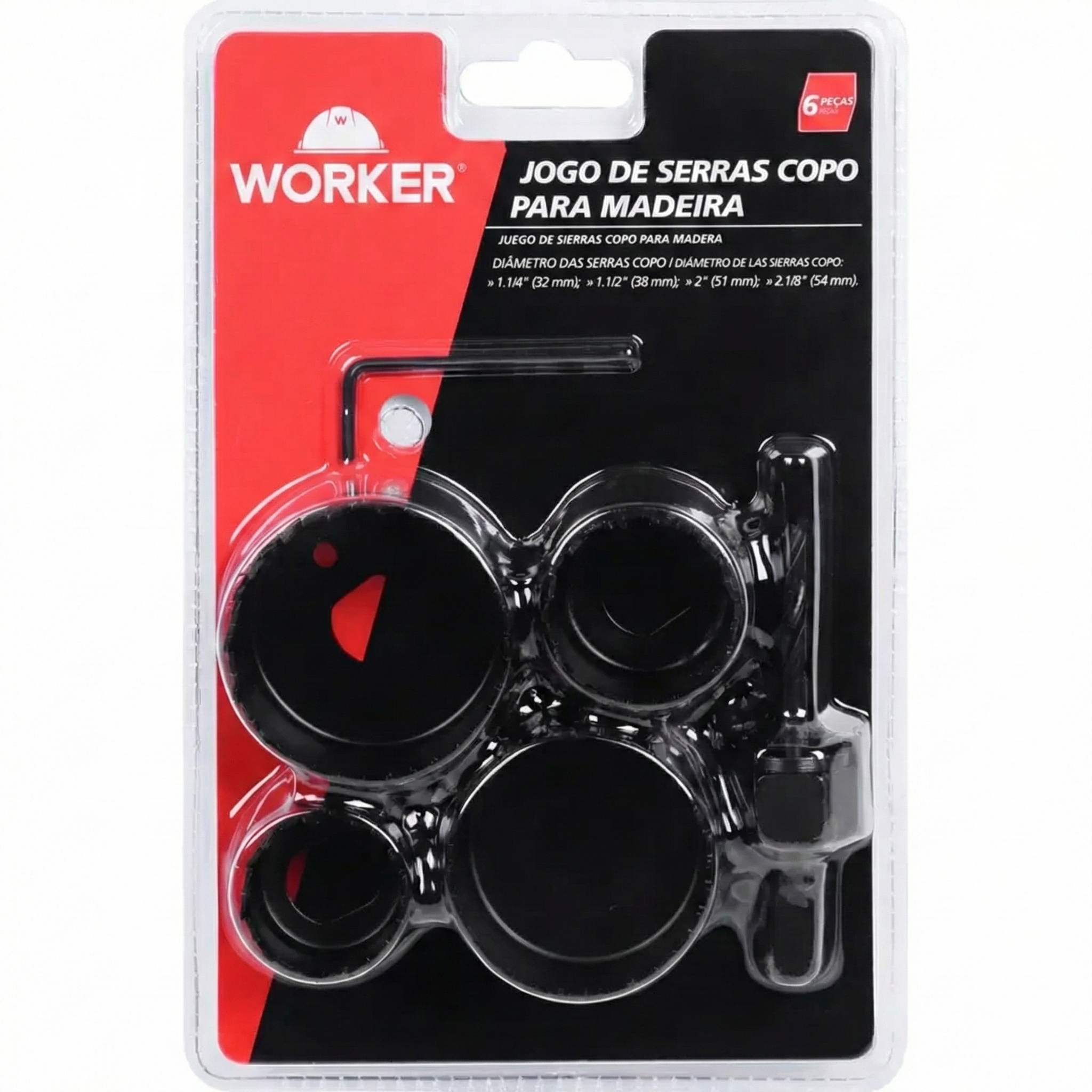 Kit Serra Copo para Madeira 5 Peças Worker - Diâmetros 32mm, 38mm, 51mm e 54mm com Adaptador e Broca Piloto