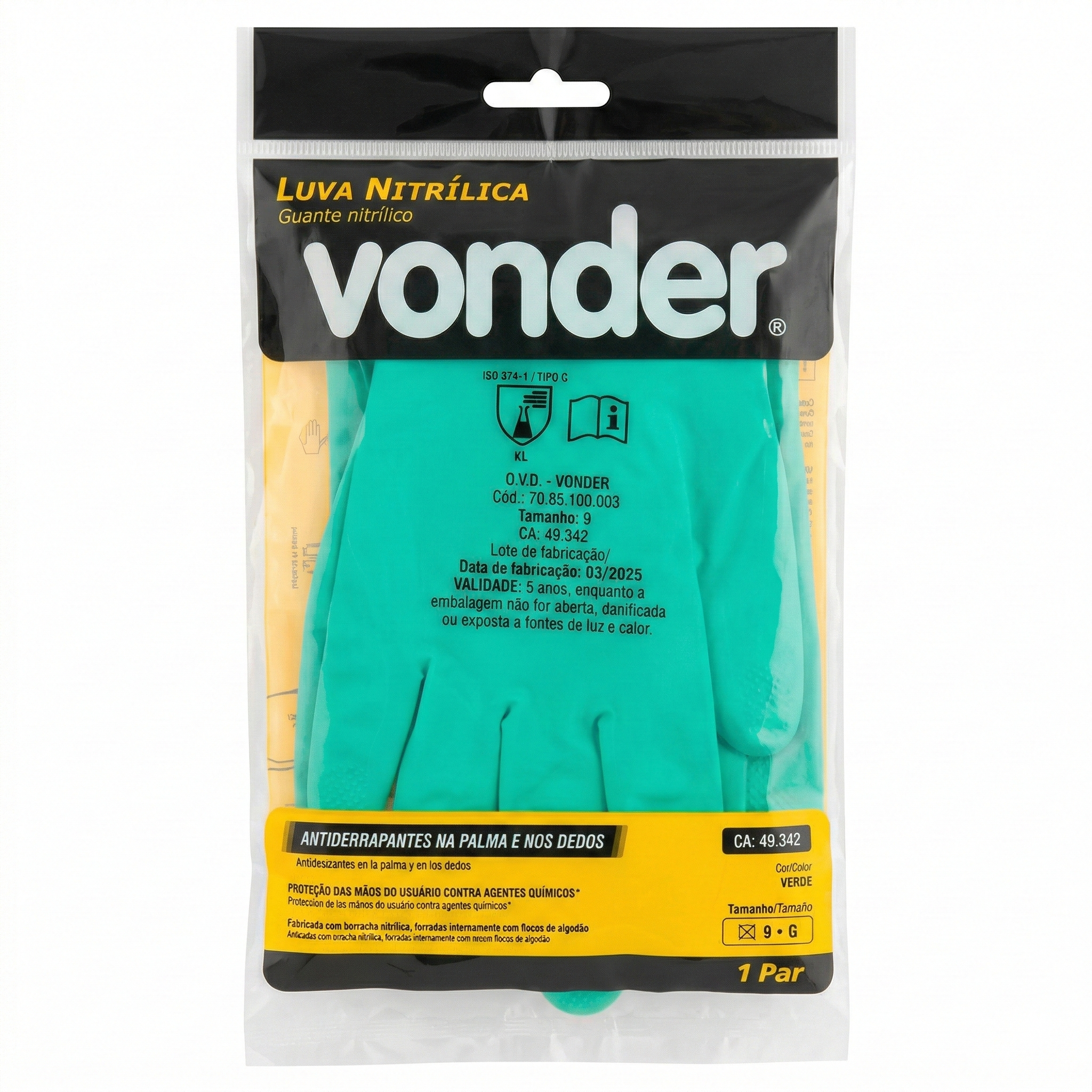 Luva de Segurança Nitrílica Vonder Verde com Forro de Algodão - C.A. 49.342