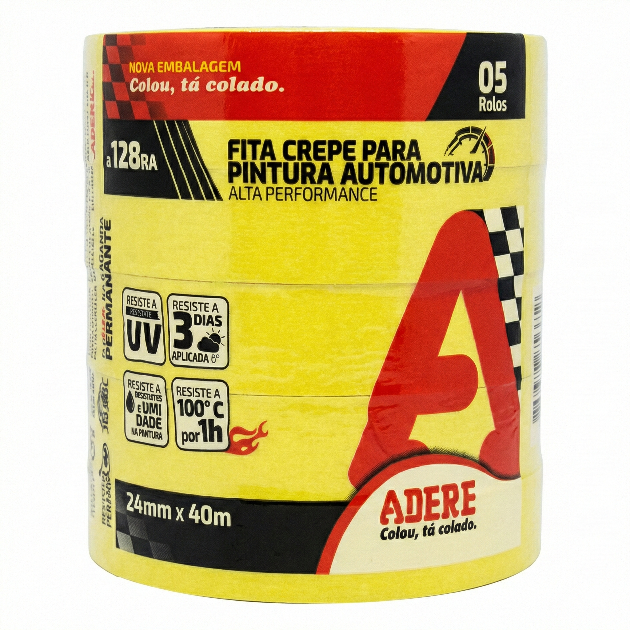 Kit 5 Unidades – Fita Crepe Adere Amarela 24mm x 40m Automotiva A128RA