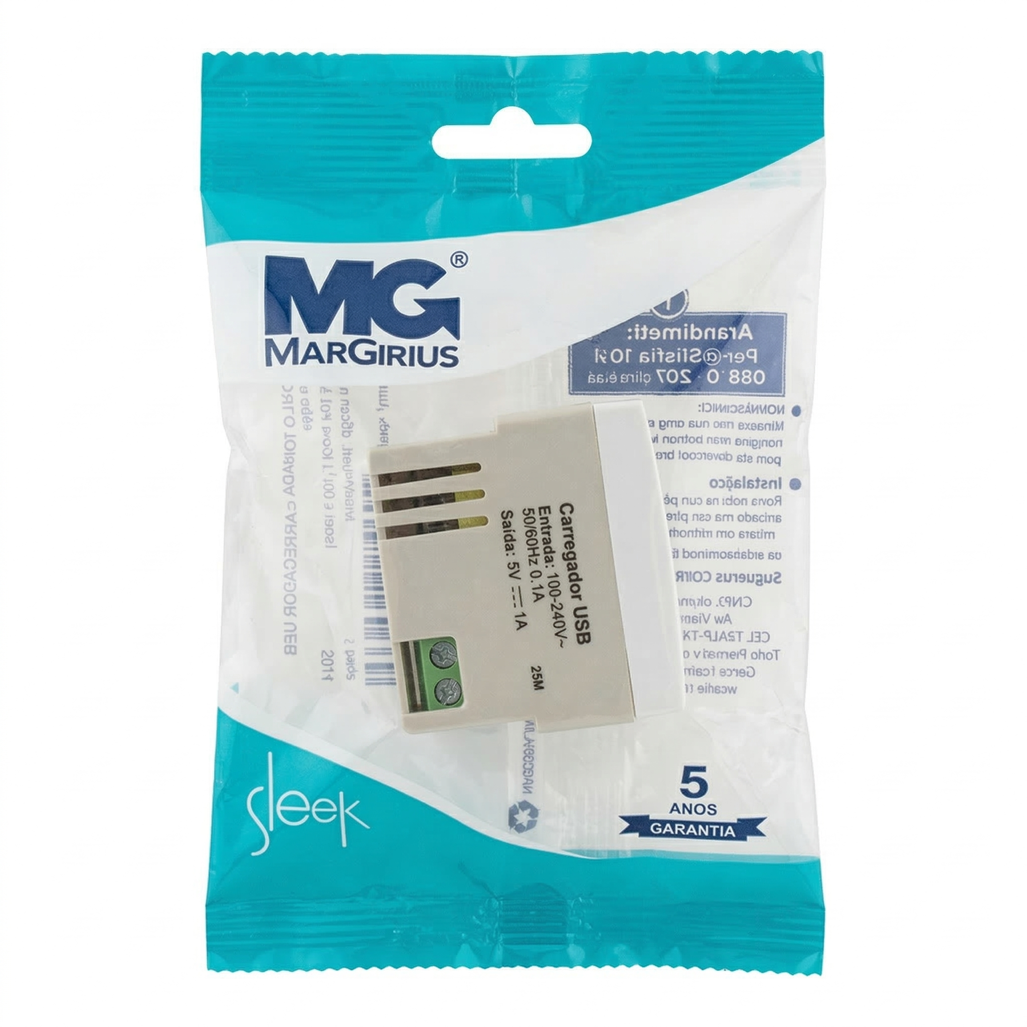 Módulo Carregador USB 1A Bivolt Sleek Margirius Branco